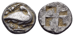 MACEDON. Eion. Circa 470-460 BC. Trihemiobol (Silver, 10 mm, 1.24 g). Goose standing to right on decorated base, turning head to left to face a lizard...