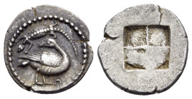 MACEDON. Eion. Circa 460-400 BC. Trihemiobol (Silver, 11 mm, 0.90 g). Goose standing to right, head turned back to left; above, lizard to left; below,...