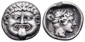 MACEDON. Neapolis. Circa 424-350 BC. Hemidrachm (Silver, 12,5 mm, 1.81 g, 3 h). Gorgoneion facing with protruding tongue. Rev. Ν-Ε / Ο-Π Head of the n...