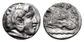 KINGS OF MACEDON. Archelaos, 413-400/399 BC. Obol (Silver, 8 mm, 0.41 g, 3 h), Aigai. Head of youthful Herakles to right, wearing lion's skin headdres...