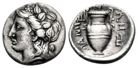 THESSALY. Lamia. First half of the 4th century BC. Obol (Silver, 11 mm, 0.83 g, 3 h). Head of young Dionysos to left, wearing ivy wreath. Rev. ΛΑMΙ-Ε-...