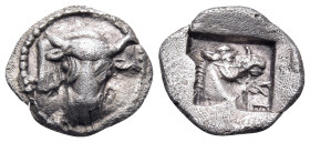 THESSALY. Larissa. Circa 475-450 BC. Obol (Silver, 11 mm, 0.87 g, 3 h). Head and neck of a bull to right, with the head turned to face the viewer. Rev...