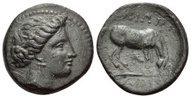 THESSALY. Larissa. Circa 380-337 BC. Dichalkon (Bronze, 18 mm, 3.71 g, 11 h). Head of the nymph Larissa to right, her hair rolled at the sides and bac...