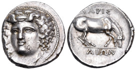 THESSALY. Larissa. Circa 356-342 BC. Drachm (Silver, 20 mm, 6.17 g, 5 h). Head of the nymph Larissa facing, turned slightly to the left, wearing ampyx...