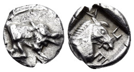 THESSALY. Perrhaiboi. Circa 462/1-460 BC. Obol (Silver, 10 mm, 0.97 g, 9 h). Forepart of bull to right, head turned to face viewer. Rev. Π-E-Я-A (Я ve...