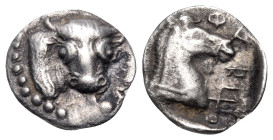 THESSALY. Pharkadon. Circa 479-465 BC. Obol (Silver, 10 mm, 0.74 g). Head of bull to right, head turned to face viewer. Rev. ΦA-R Head of bridled hors...