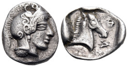 THESSALY. Pharsalos. mid 5th century BC. Hemidrachm (Silver, 16 mm, 2.73 g). Head of Athena to right, wearing drop earring and a crested Attic helmet ...