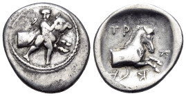 THESSALY. Trikka. Circa 440-400 BC. Hemidrachm (Silver, 17 mm, 2.75 g, 12 h). Youthful hero, Thessalos, nude but for cloak and petasos hanging over hi...