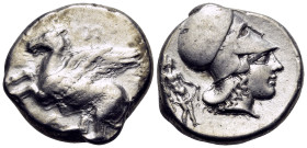 EPEIROS. Ambrakia. Circa 426-404 BC. Stater (Silver, 20 mm, 8.37 g, 6 h). A Pegasos flying left. Rev. Head of Athena to right, wearing Corinthian helm...