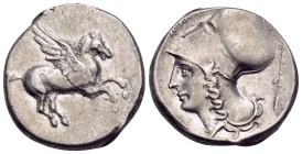 AKARNANIA. Argos Amphilochikon. Circa 340-300 BC. Stater (Silver, 21 mm, 8.44 g, 7 h). Pegasos flying right. Rev. AM Head of Athena to left, wearing C...