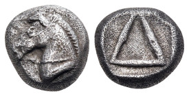 AKARNANIA. Leukas. Circa 470-450 BC. Diobol (Silver, 7 mm, 0.91 g). Λ Horse’s head to left. Rev. Δ within rectanguar incuse. BCD -. BMC -. SNG Copenha...