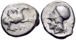 AKARNANIA. Leukas. Circa 400-375 BC. Stater (Silver, 20 mm, 8.36 g, 6 h). Λ Pegasos with curled wing flying right. Rev. Head of Athena to left, wearin...