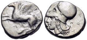 AKARNANIA. Leukas. Circa 375-350 BC. Stater (Silver, 19 mm, 8.47 g, 6 h). Λ Pegasos flying left. Rev. ΛEYKAΔIΩN Head of Athena to left, wearing Corint...