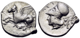 AKARNANIA. Leukas. Circa 375-350 BC. Stater (Silver, 22 mm, 8.39 g, 3 h). Λ-Ε Pegasos flying left. Rev. ΛΕΥ Head of Athena to left, wearing Corinthian...