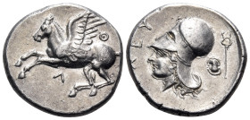AKARNANIA. Leukas. Circa 375-350 BC. Stater (Silver, 21.5 mm, 8.62 g, 6 h). Λ Pegasus flying to left; above, Θ. Rev. ΛEY Head of Athena to left, weari...