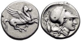 AKARNANIA. Leukas. Circa 320-280 BC. Stater (Silver, 20 mm, 8.51 g, 3 h). Λ Pegasos flying right. Rev. Head of Athena to right, wearing Corinthian hel...