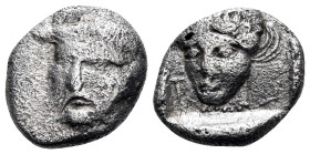 AKARNANIA. Stratos. Circa 425-400 BC. Triobol (Silver, 14 mm, 2.22 g, 9 h). Bearded taurine head of Achelöos facing slightly to left. Rev. Σ-T[RA] ( r...