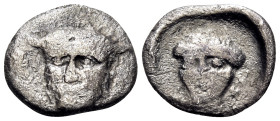 AKARNANIA. The Oiniadai. Circa 424-400 BC. Drachm (Silver, 14 mm, 1.54 g, 6 h). Bearded taurine head of Acheloös facing, turned slightly to left. Rev....