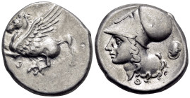 AKARNANIA. Thyrrheion. Circa 350-300 BC. Stater (Silver, 22 mm, 8.54 g, 8 h). Θ Pegasos flying left. Rev. Θ Head of Athena to left, wearing pearl neck...