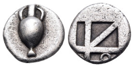 LOKRIS. Lokris Opuntii. Circa 450-425 BC. Obol (Silver, 9 mm, 0.84 g). Amphora with handles ending below the lip. Rev. Skew-pattern incuse square with...