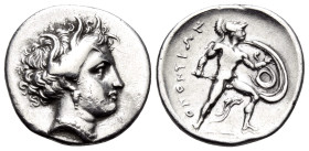 LOKRIS. Lokris Opuntii. Circa 338-316 BC. Triobol (Silver, 16,5 mm, 2.67 g, 12 h). Head of Persephone to right, wearing grain wreath and pendant earri...