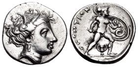 LOKRIS. Lokris Opuntii. Circa 338-316 BC. Triobol (Silver, 15 mm, 2.74 g, 11 h). Head of Persephone to right, wearing grain wreath and pendant earring...