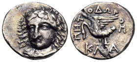 IONIA. Klazomenai. Circa 386-301 BC. Hemidrachm (Silver, 13,5 mm, 1.93 g, 12 h), struck under the magistrate Metrodoros. Head of Apollo facing, turned...