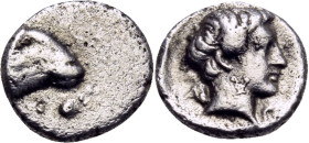 CARIA. Kasolaba. Circa 410-390 BC. Hemiobol (Silver, 8 mm, 0.40 g, 12 h). Head of a ram to right; below, pellets (or die-breaks?). Rev. Head of youthf...