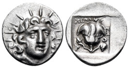 ISLANDS OFF CARIA, Rhodos. Rhodes. Circa 125-88 BC. Hemidrachm (Silver, 14 mm, 1.37 g, 12 h), struck under the magistrate Melantas. Radiate head of He...