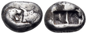KINGS OF LYDIA. Kroisos, Circa 560-546 BC. Half Stater (Silver, 15.5 mm, 5.31 g), Sardes, c. 550-546. Confronted foreparts of a lion, on the left and ...