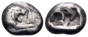 KINGS OF LYDIA. Kroisos, circa 564/53-550/39 BC. 1/3 Stater (Silver, 14 mm, 3.38 g), Sardes, 560-550. Confronted foreparts of a lion, on the left, and...