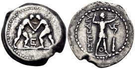 PAMPHYLIA. Aspendos. Circa 330/25-300/250 BC. Stater (Silver, 25 mm, 9.94 g, 12 h). Two nude wrestlers, standing and grappling with each other; betwee...