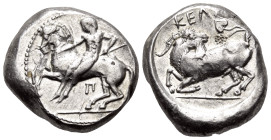 CILICIA. Kelenderis. Circa 430-420 BC. Stater (Silver, 20 mm, 10.83 g, 9 h). Rider, holding whip, dismounting from horse prancing to left; below, Π. R...