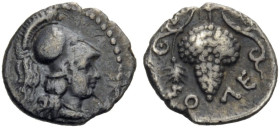 CILICIA. Soloi. Circa 350-300 BC. Obol (Silver, 10 mm, 0.48 g, 12 h). Head of Athena facing to right, wearing crested Corinthian helmet. Rev. ΣΟΛΕ Lar...