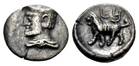 CILICIA. Uncertain. Early 4th century BC. Hemiobol (Silver, 7 mm, 0.33 g, 9 h). Draped bust of Hermes to left, wearing petasos. Rev. bēth lāmadh, in A...
