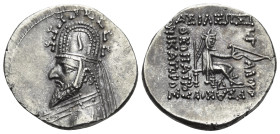 KINGS OF PARTHIA. Sinatrukes, 93/2-70/69 BC. Drachm (Silver, 20 mm, 4.07 g, 12 h), Rhagai. Draped bust of Sinatrukes to left, wearing tiara decorated ...