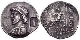 KINGS OF ELYMAIS. Kamnaskires IV, circa 63/2-54/3 BC. Tetradrachm (Silver, 29 mm, 13.40 g, 11 h), Seleukiea on the Hedyphon, uncertain date. Diademed ...