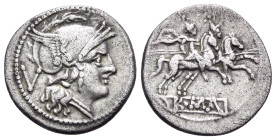 Anonymous, 211-208. Quinarius (Silver, 15,5 mm, 2.13 g, 11 h), Rome. Helmeted head of Roma to right; behind, V (mark of value). Rev. ROMA The Dioscuri...