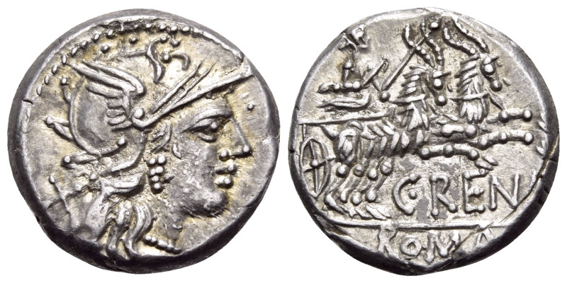 C. Renius, 138 BC. Denarius (Silver, 17,5 mm, 3.75 g, 11 h), Rome. Helmeted head...