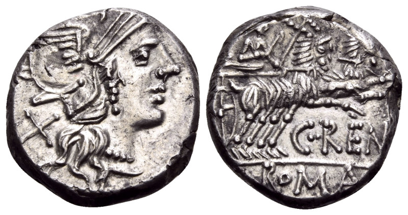 C. Renius, 138 BC. Denarius (Silver, 17 mm, 3.82 g, 6 h), Rome. Helmeted head of...