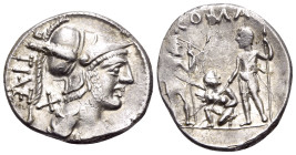 Ti. Veturius, 137 BC. Denarius (Silver, 20,5 mm, 3.97 g, 10 h), Rome. TI (VET) Helmeted and draped bust of Mars to right; behind, X ( mark of value )....