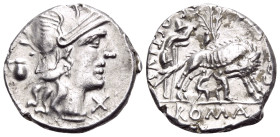 Sex. Pompeius Fostlus, 137 BC. Denarius (Silver, 19 mm, 4.14 g, 5 h), Rome. Helmeted head of Roma to right; behind, jug; below chin, X ( mark of value...