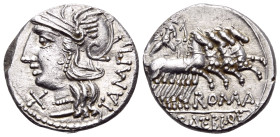 M. Baebius Q.f. Tampilus, 137 BC. Denarius (Silver, 18 mm, 3.95 g, 5 h), Rome. TAMPIL Helmeted head of Roma to left; before chin, X ( mark of value )....
