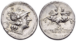 C. Servilius M.f, 136 BC. Denarius (Silver, 21.5 mm, 3.90 g, 1 h), Rome. ROMA Helmeted head of Roma to right; behind, wreath and denomination mark. Re...