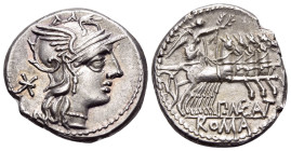 P. Maenius Antiacus M.f, 132 BC. Denarius (Silver, 19 mm, 3.91 g, 3 h). Helmeted head of Roma to right; behind, XVI monogram in ligature ( mark of val...