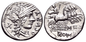 Q. Curtius and M. Silanus, 116-115 BC. Denarius (Silver, 19 mm, 3.87 g, 1 h), Rome. Q · CVRT Helmeted head of Roma to right; behind, X ( mark of value...