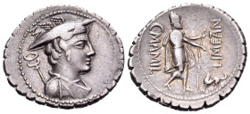 C. Mamilius Limetanus, 82 BC. Denarius Serratus (Silver, 20 mm, 3.99 g, 7 h), Rome. Draped bust of Mercury to right, wearing winged petasos and with c...