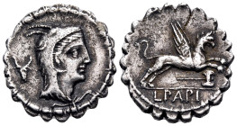 L. Papius, 79 BC. Denarius Serratus (Silver, 19 mm, 3.80 g, 6 h), Rome. Head of Juno Sospita to right; behind, goat's head facing. Rev. L · PAPI Gryph...