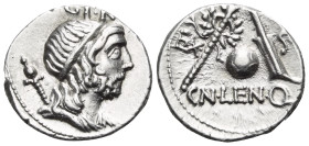 C. Cornelius Lentulus, 76-75 BC. Denarius (Silver, 18 mm, 3.85 g, 6 h), Spain (?). G · P · R Draped bust of the Genius Populi Romani to right, his hai...