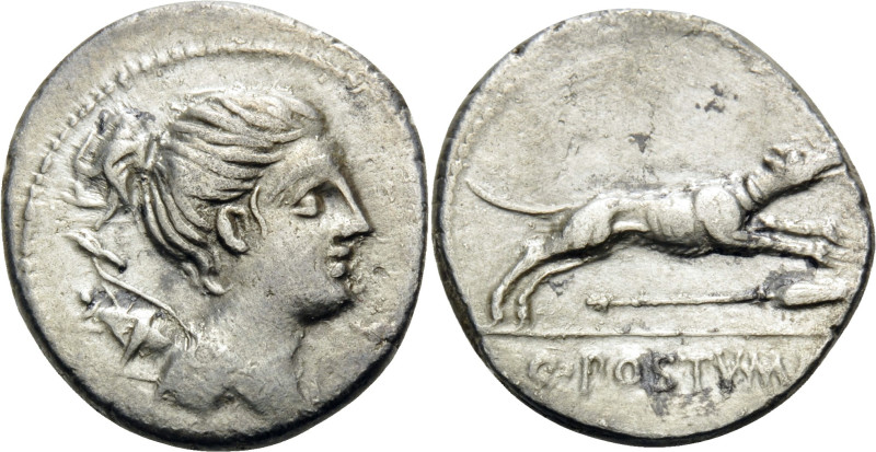 C. Postumius, 73 BC. Denarius (Silver, 18 mm, 3.85 g, 7 h), Rome. Draped bust of...